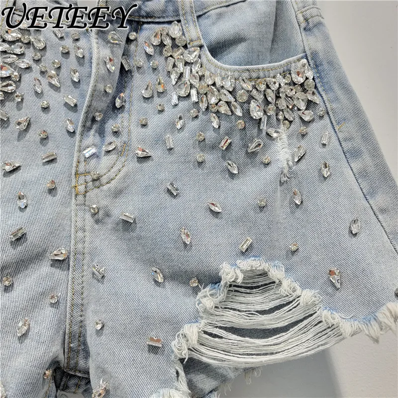 Ripped Denim Shorts for Women Trendy 2024 New Summer High Waist Slimming Exquisite Rhinestone Raw Hem Wide Legs Denim Hot Pants