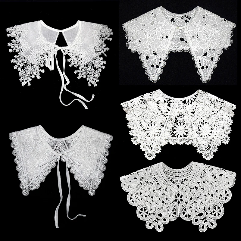 

Fashion Vintage Palace Style Women Doll Fake Collar Hollow Out Crochet Lace Half Shirt Shawl With Imitation Pearl Bowtie