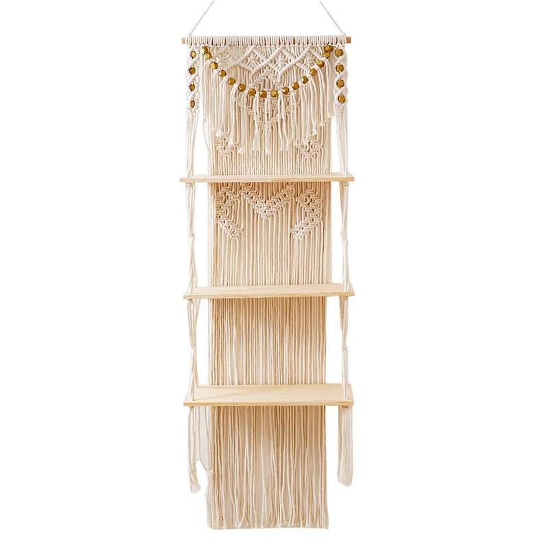 

Macrame Wall Hanging 3-Tier Floating Wall Shelves For Bedroom, Bathroom, Nursery, Boho Wall Decor Shelves For Plant Pot