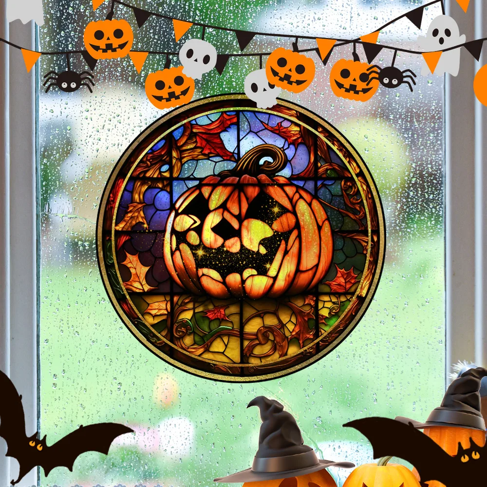 Halloween Decoration PVC Adhesive Free Static Glass Sticker Holiday Party Horror Castle Cat Static Window for Home Removable