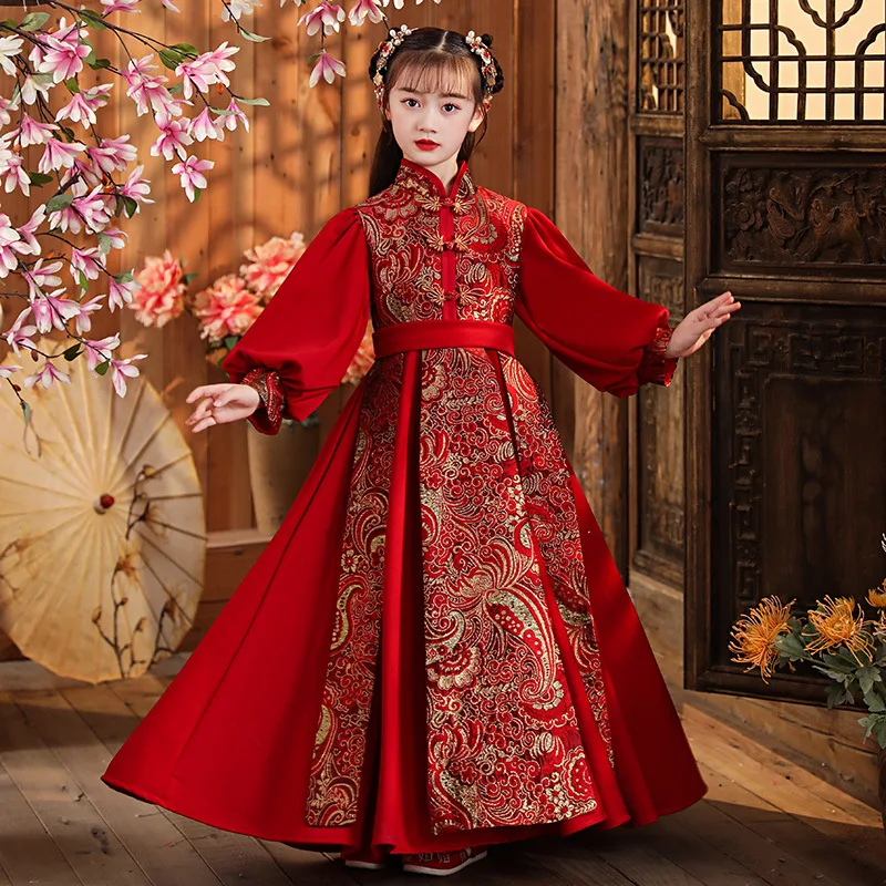 Girls Red Chinese New Year Clothes Vintage Long Cheongsam Party