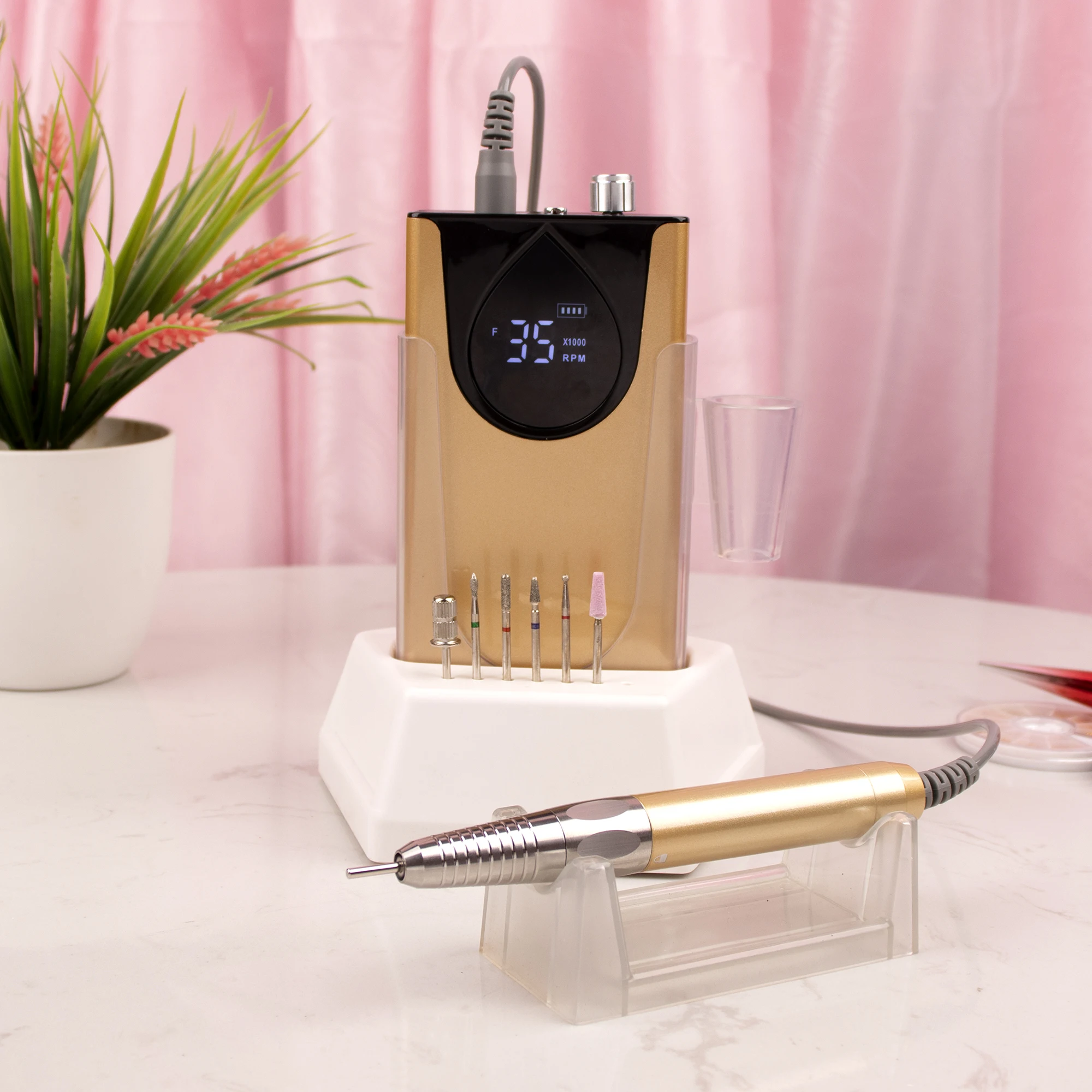 35K Brushless Portable Desktop Base Cordless Nail Drill Machine 35000RPM Rechargeable Manicure Electric Nail File Aluminum Alloy 2