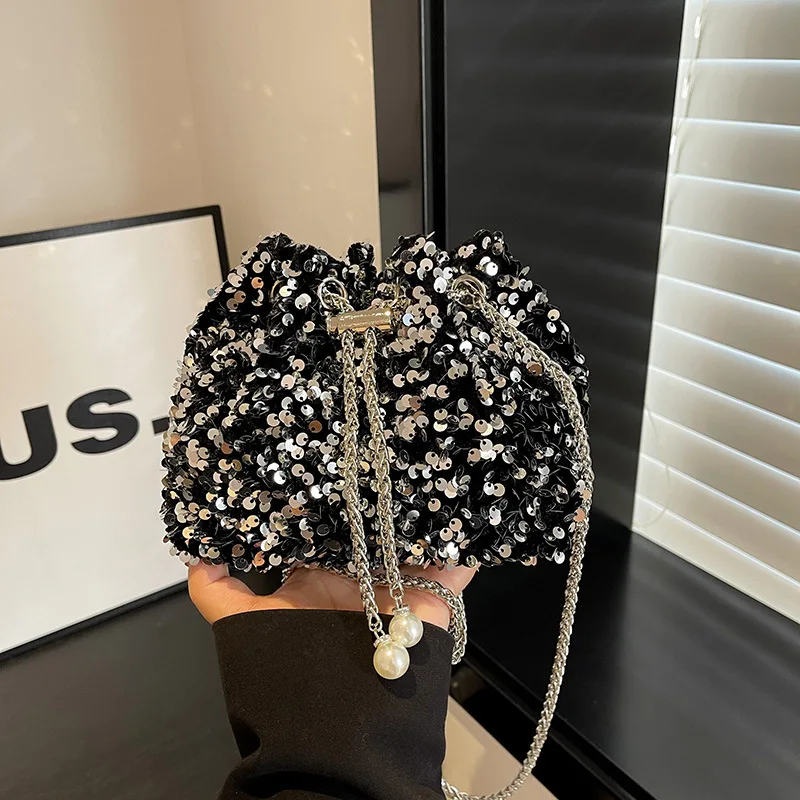 Good-looking Personality Sequin Women's New Korean Bucket Bag Bright Eyes Style Fashion Crossbody Dinner Single Shoulder Bags