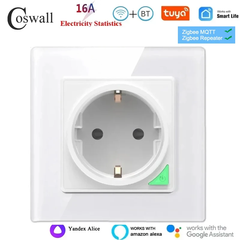 Coswall-tomada Inteligente Tuya com Monitoramento de Energia Painel de Vidro Branco Wifi ue Universal Alexa Yandex Alice Smartthings
