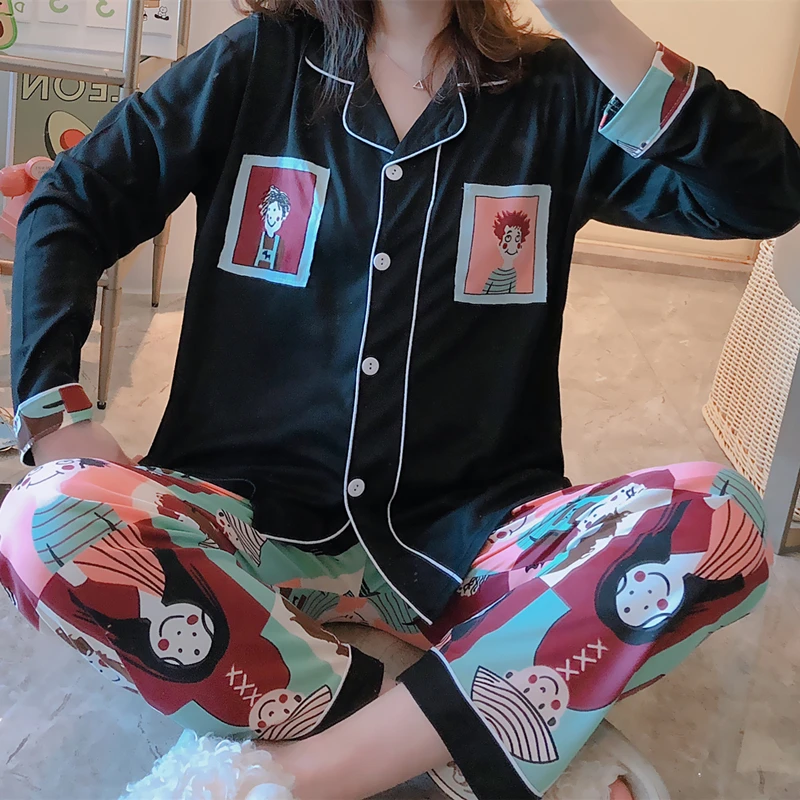 Summer New Cute Cartoon Casual Cardigan Collar Silk Pajamas Women's Spring and Autumn Long Sleeve Home Suit Evening Dress