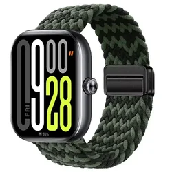 Magnetic Braided Nylon Loop Band - Adjustable Sport Replacement Strap and Bracelet for Mi Band 9 8 Pro (Black green)