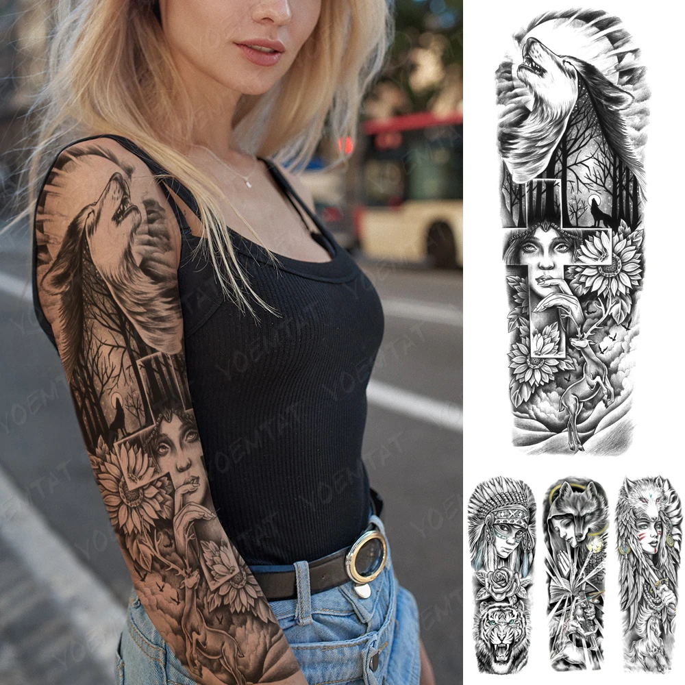 

Large Arm Sleeve Tattoo Wolf Deer Waterproof Temporary Tatoo Sticker Forest Moon Cross Sunflower Full Fake Tatto Art Men Women