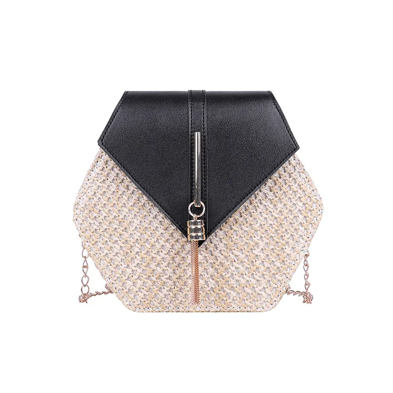 Women Shoulder Bag Hex-shape Mulit Style Straw + leather Handbag Summer Rattan Bag Handmade Woven Beach Circle Bohemia women shoulder bag