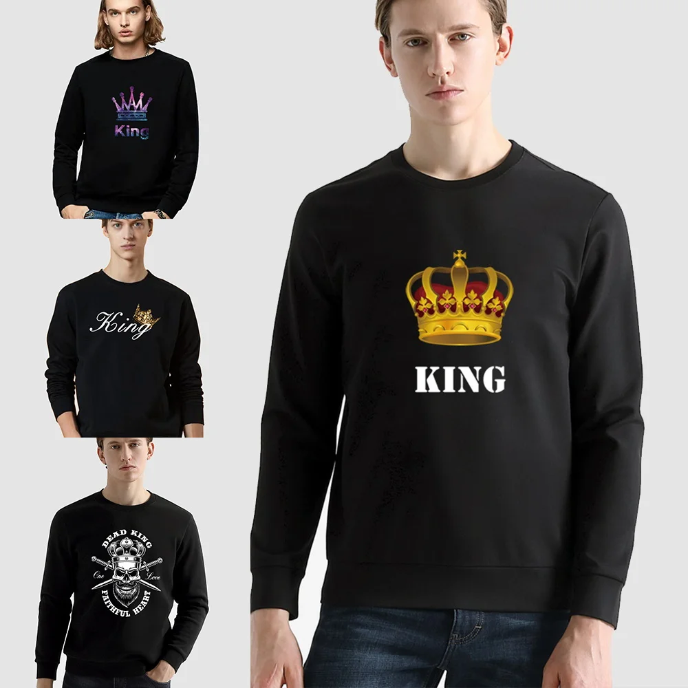 Men's Round Neck Black Pullover Long Sleeve Spring Autumn Thin Sweatshirt Clothes Casual Comfortable King Series O-Neck Tops