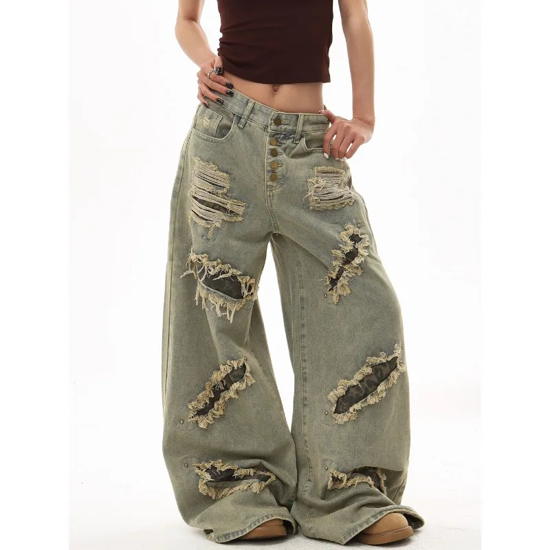 Nouveau Jean Vintage Déchiré 2026 pour Femme – Design Chic, Patchwork, Coupe Ample, Style Américain, Jean Large en Denim Tendance