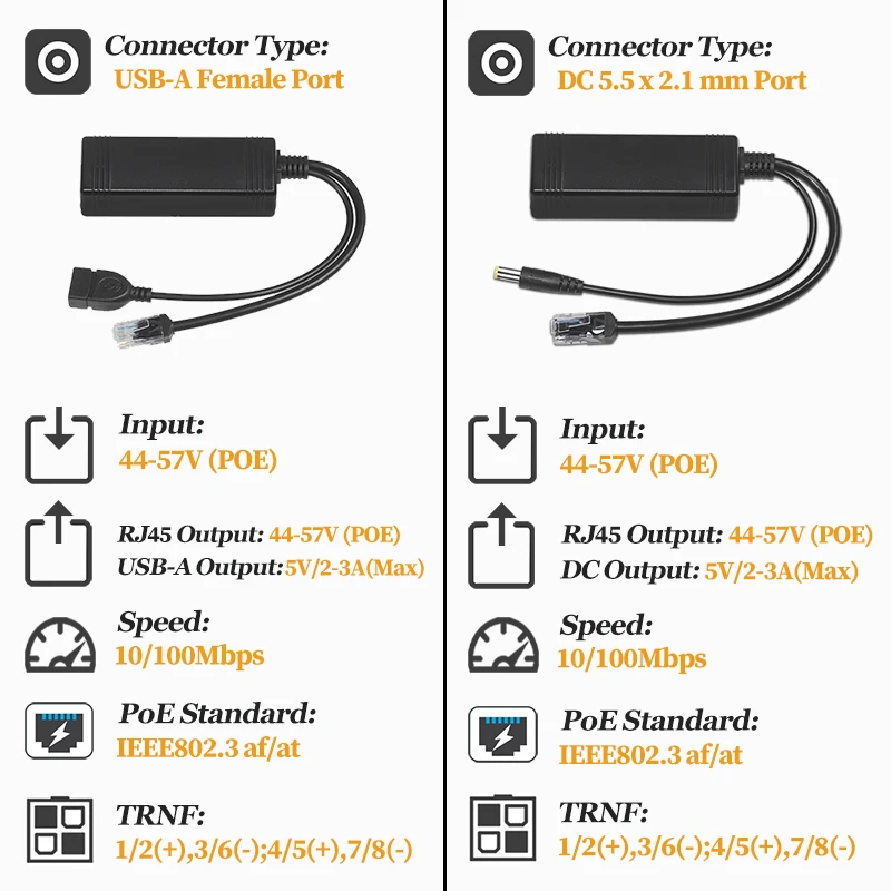 보조 POE 분배기, IEEE802.3af/at 규격 준수, POE 캐스케이딩 출력 + 5V 전원 출력, 10/100Mbps 이더넷