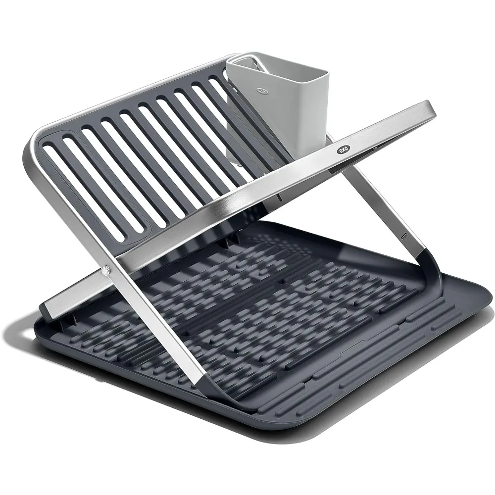 

OXO Good Grips Aluminum Fold Flat Dish Drying Rack, 2-Tier, with Drainboard, for Kitchen Counter, Collapsible