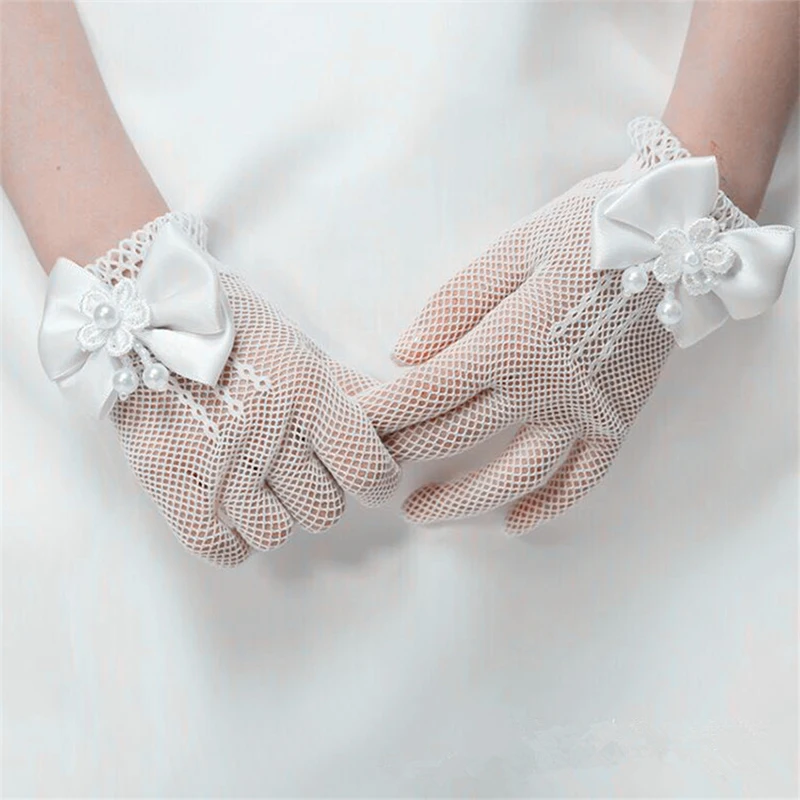 1 Pair Wedding Party Lace Bride Gloves Elegant Women Bridal Short White Gloves Breathable Tulle Bow Pearl Ceremony Accessories