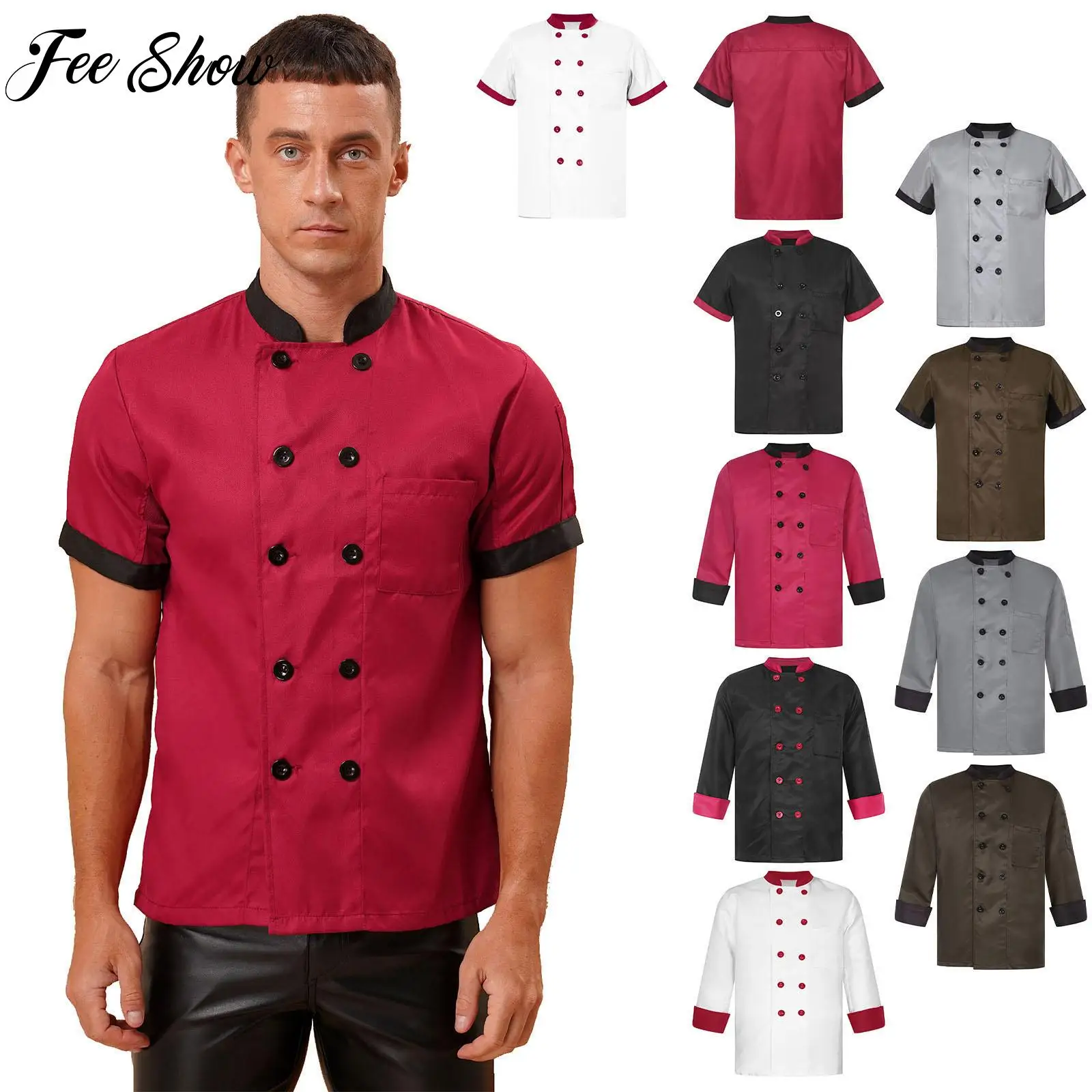 

Alduts Mens Womens Food Service Chef Jacket Stand Collar Cooks Coat Hotel Restaurant Bakery Kitchen Uniform with Pockets