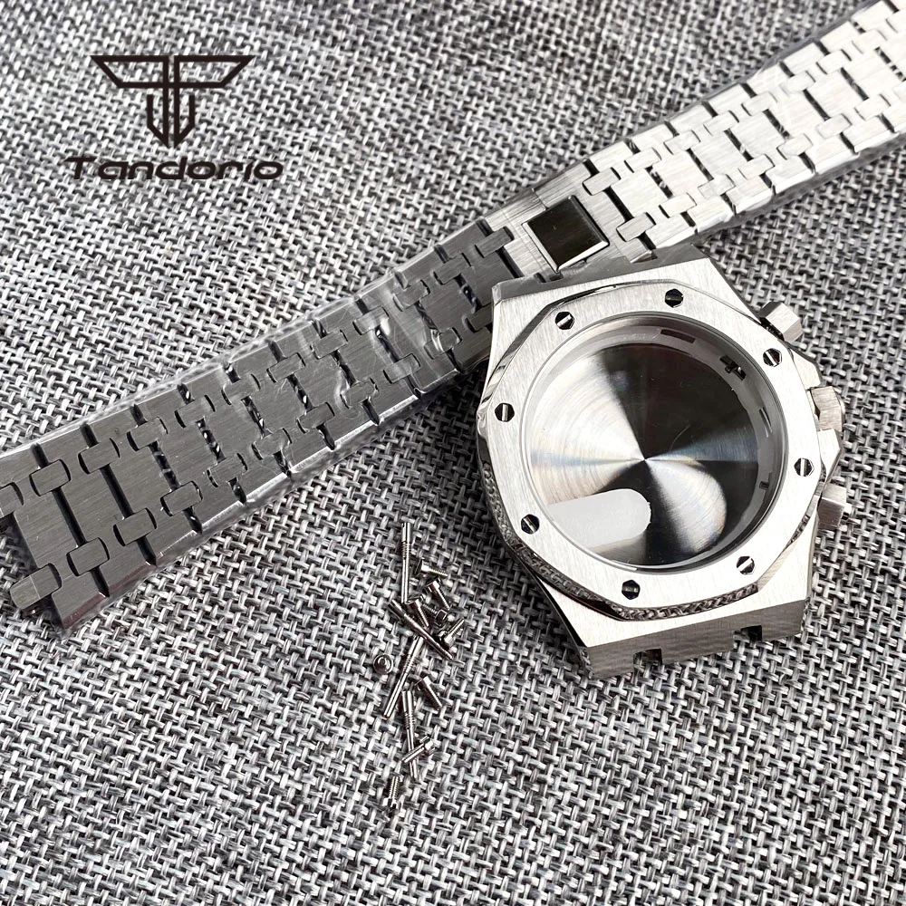 42Mm In Acciaio Inox Ottagono Design Spazzolato Cassa Dell'Orologio Braccialetto Vetro Zaffiro Trasparente Indietro Fit Vk63 Vk64 Movimento Al Quarzo