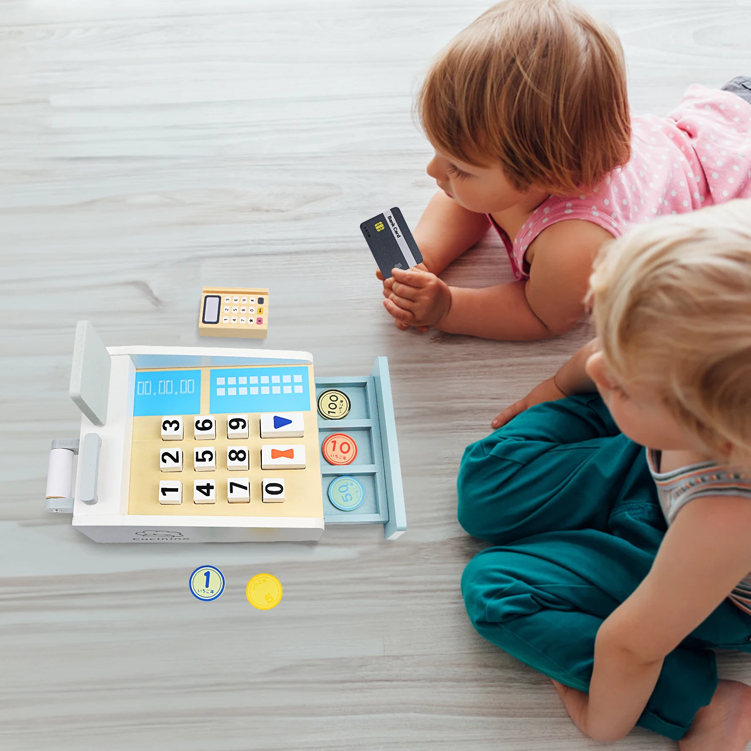 Children's wooden simulation home toys, wooden simulation cash registers, POS machines, bank cards, and parent-child interaction