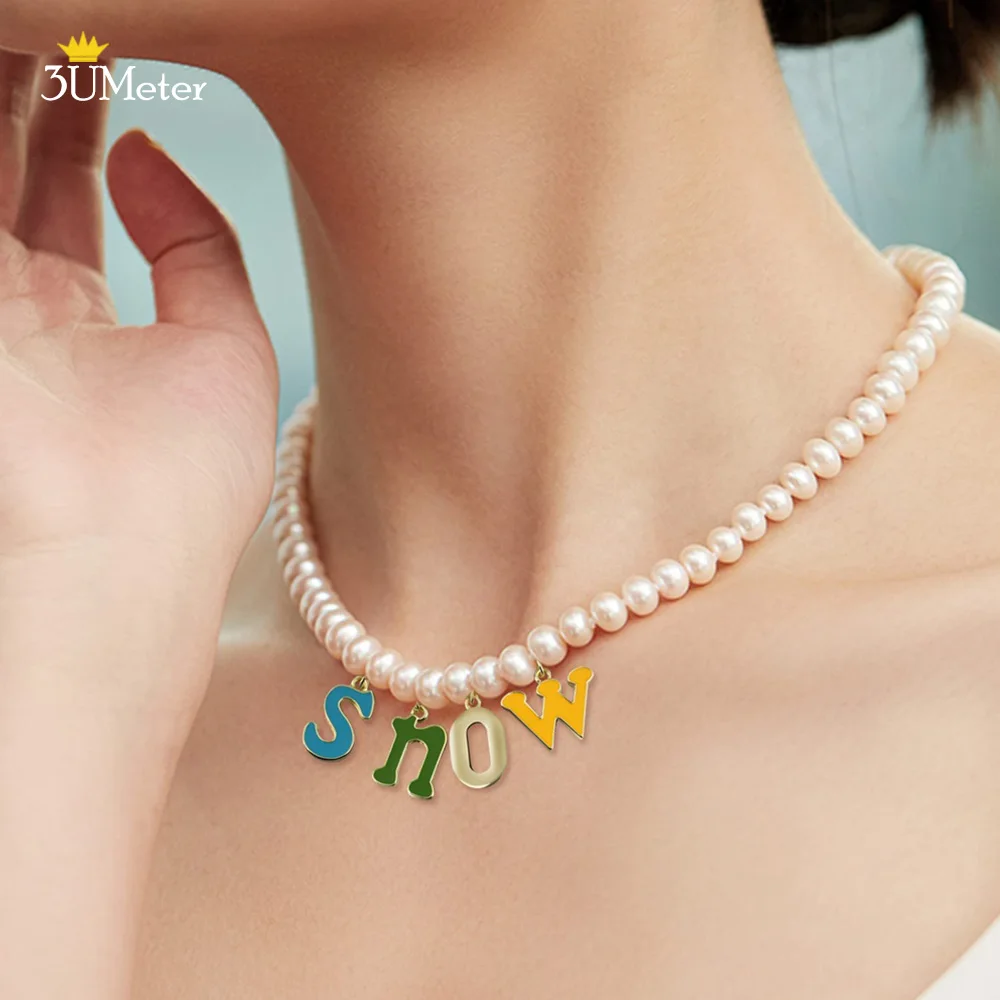 

Custom Enamel Letter Name Necklace Women Personalised Pearl Necklace Colorful Initials Custom Name Wedding Engagement Jewelry