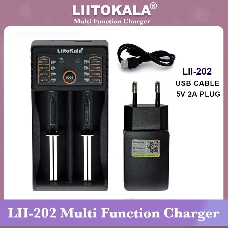 Liitokala Lii-202 18650 Charger 1.2V 3.7V 3.2V 3.85V AA 26650 10440 14500 16340 NiMH li-ion battery Smart charger 5V 2A Plug Battery Charger Battery Charger Adapter
