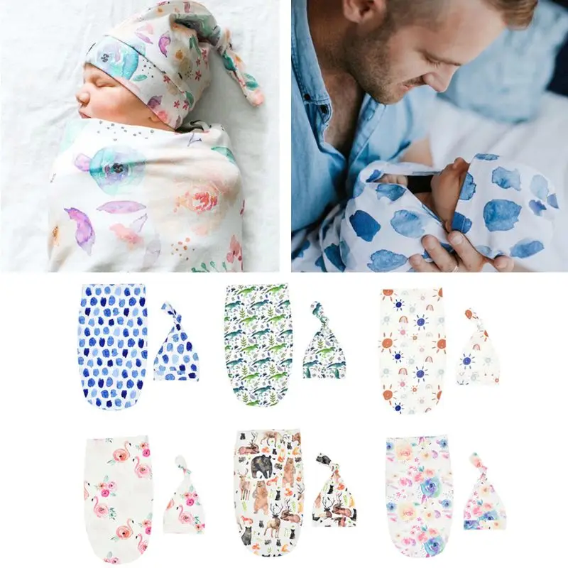 

Newborn Blankets Infant Baby Boys Girls Sleeping Bag Swaddle Muslin Wrap+Hat Set Baby Accessories Newborn Print Blanket