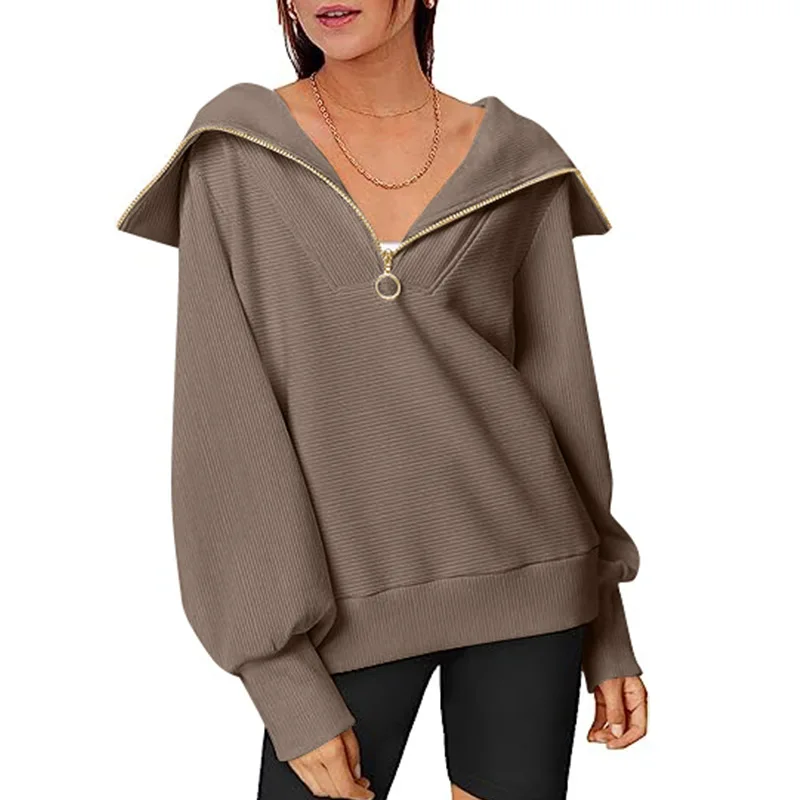 

Fall/Winter 2023 New Casual Large Lapel Half Zip Pullover Sweatshirt Y2K Dress Long Sleeve Brown White Hoodies Winter Sweatshirt
