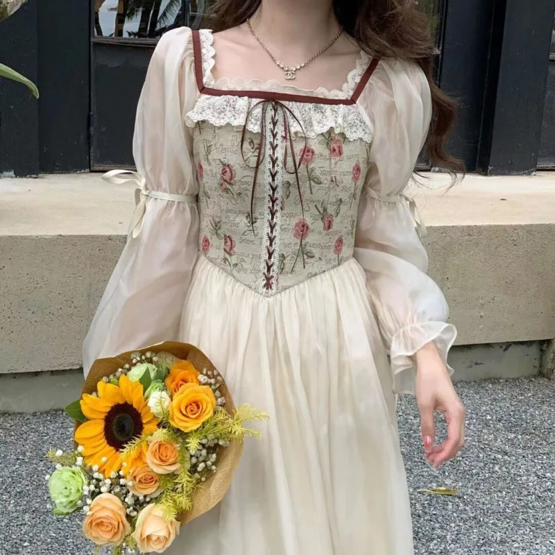 

France Lace Floral Elegant Dress Women Vintage Evening Party Midi Dress Female Print Beach Princess Fairy A Line Dress 2023 New