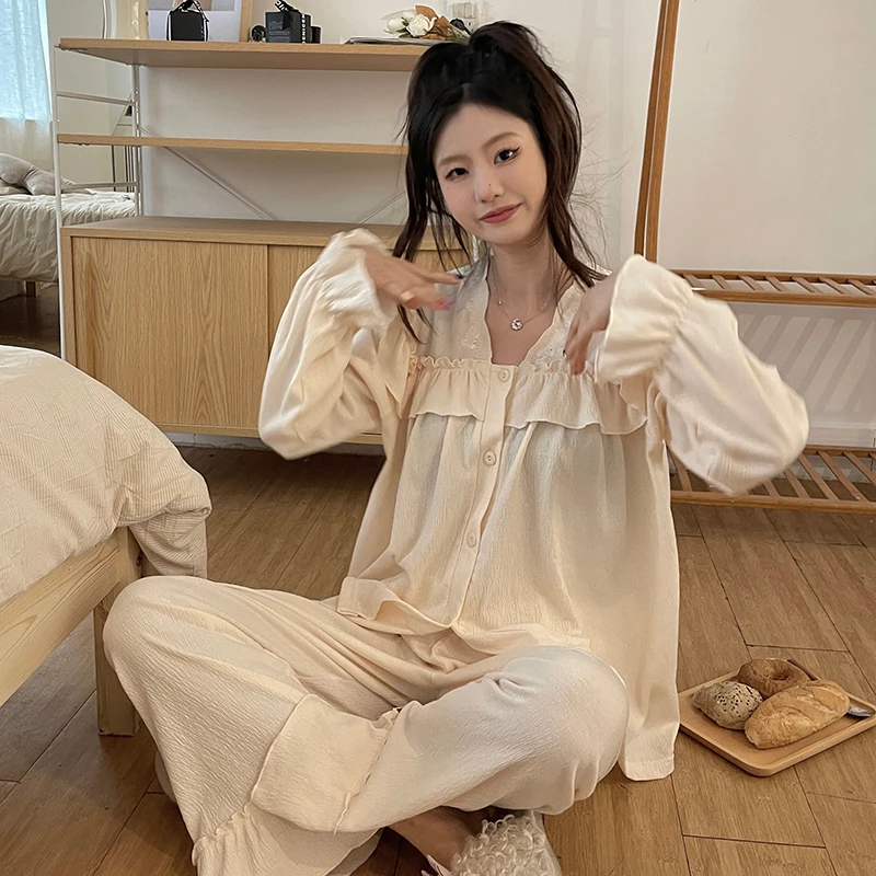 Romantic Sleepwear Women Cotton Pajama Sets Fairy Sexy Lace Long Sleeve  Sleep Tops Trouser Suits Spring Autumn Pajamas Home Wear - AliExpress