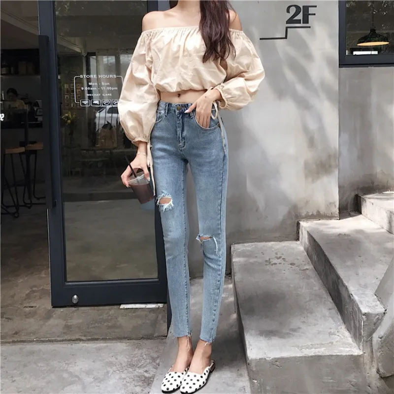

Ladies Ripped Skinny Jeans Korean Style Ladies Fashion Bottoms Light Blue Denim Pencil Pants With Hole Ankle Length Trousers SML