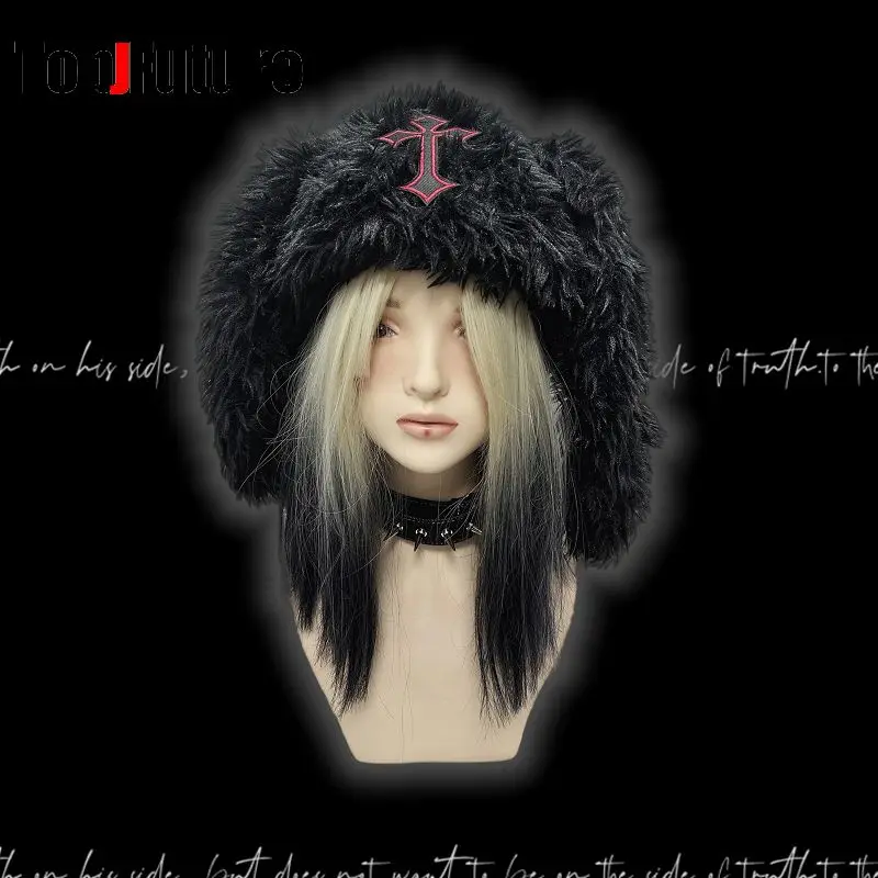Women Japanese Harajuku Y2K Long Rabbit Ear Hat Gothic fluffy cross Winter Warm Bunny Ear Caps winter hat fashion hat