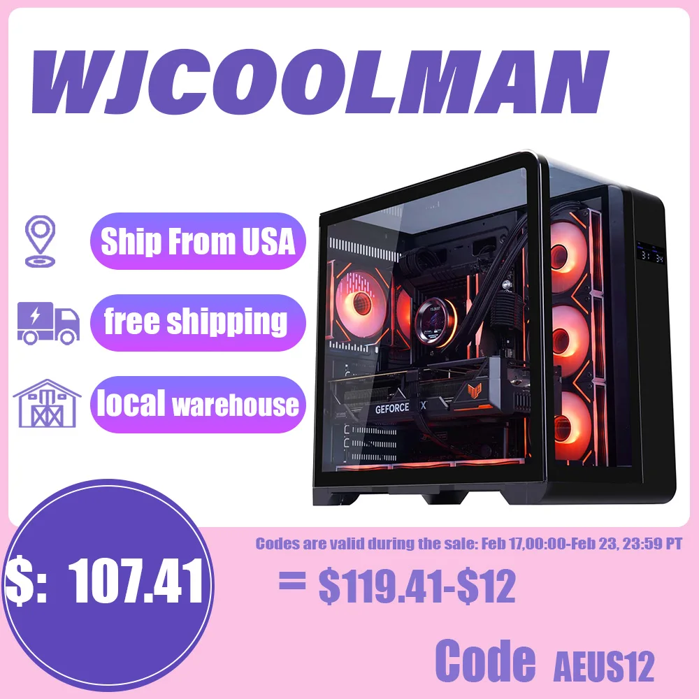 WJCOl'hyMAN-Coque de gaming noire en verre transparent avec 7 positions de ventilateur, version Guardian, 2 c&ocirc;t&eacute;s, 360
