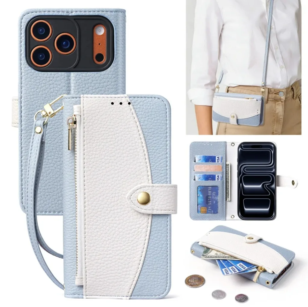 Elegant Leather Crossbody Wallet Phone Case with Zipper Card Holder and Lanyard Strap