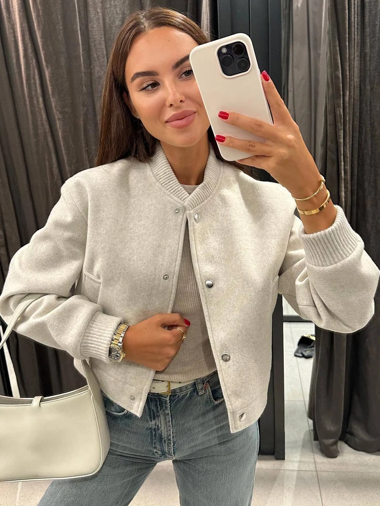SLTNX Women's Loose Fit Bomber Jacket Solid Color Stand Collar Streetwear Casual Spring Autumn Outerwear
