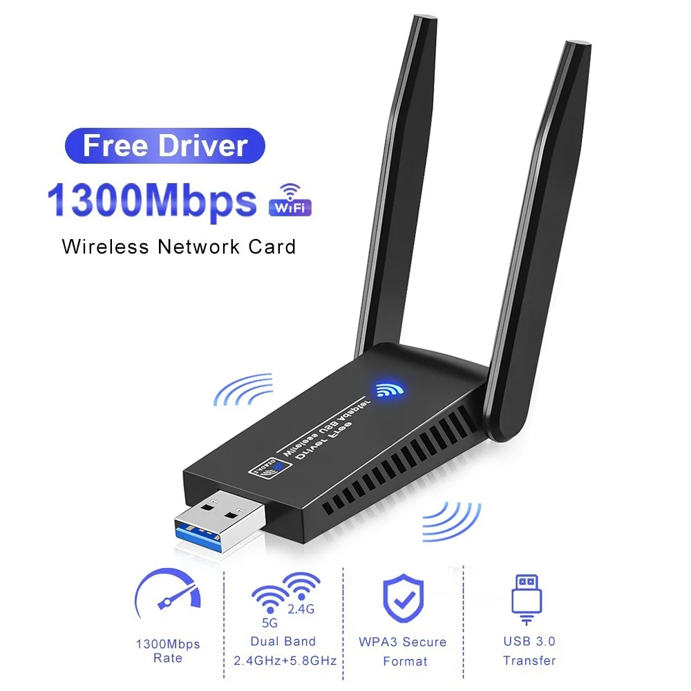 PC 노트북 태블릿용 USB 3.0 와이파이 어댑터, 듀얼 밴드 2.4G 5G 무선 네트워크 카드 드라이버, 무료 블루투스 와이파이 어댑터, 1300Mbps