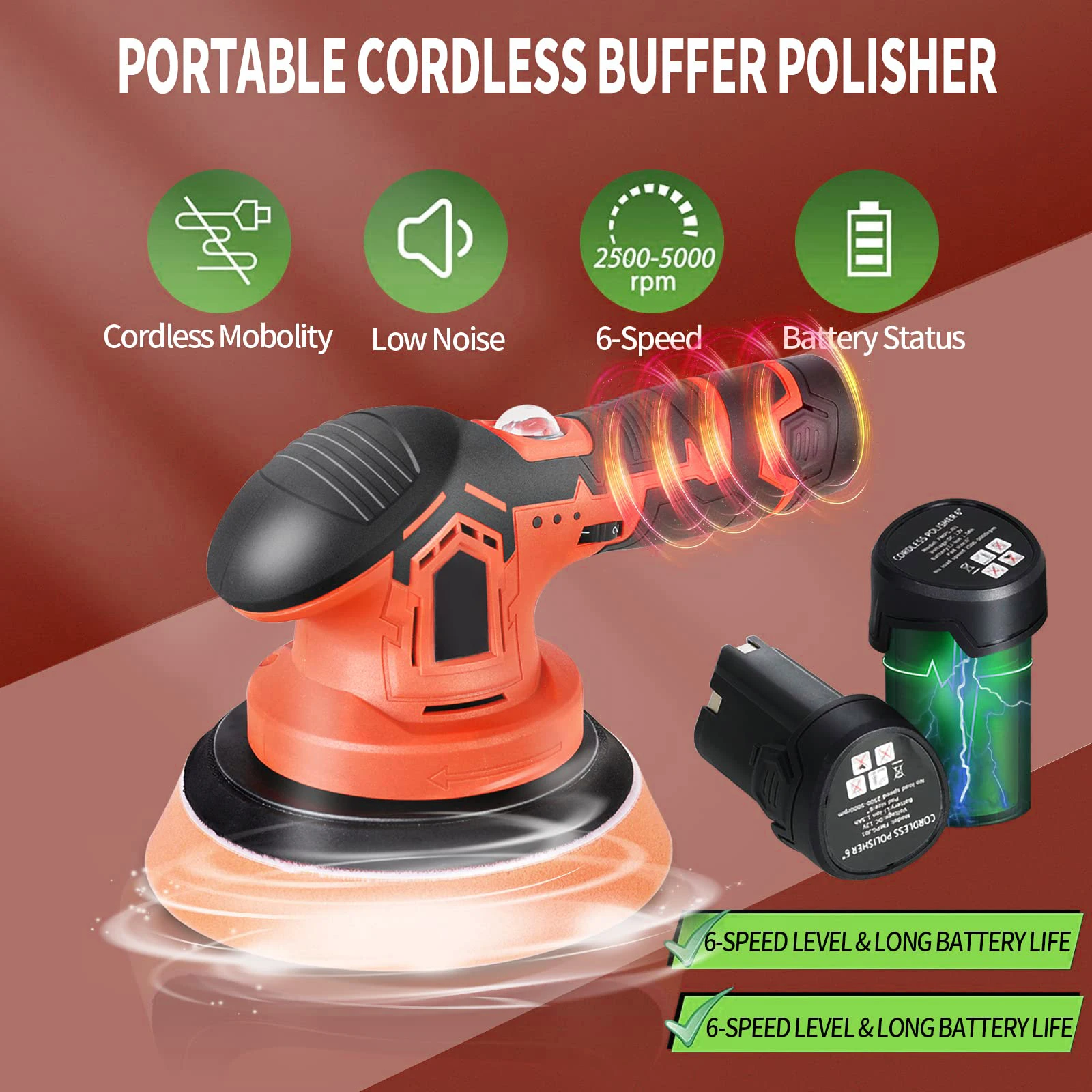 2000-5000rpm Cordless Car Polisher Wireless Car Polishing Machine Electric Polishing Wax Tool Noiseless 6 Variable Speeds
