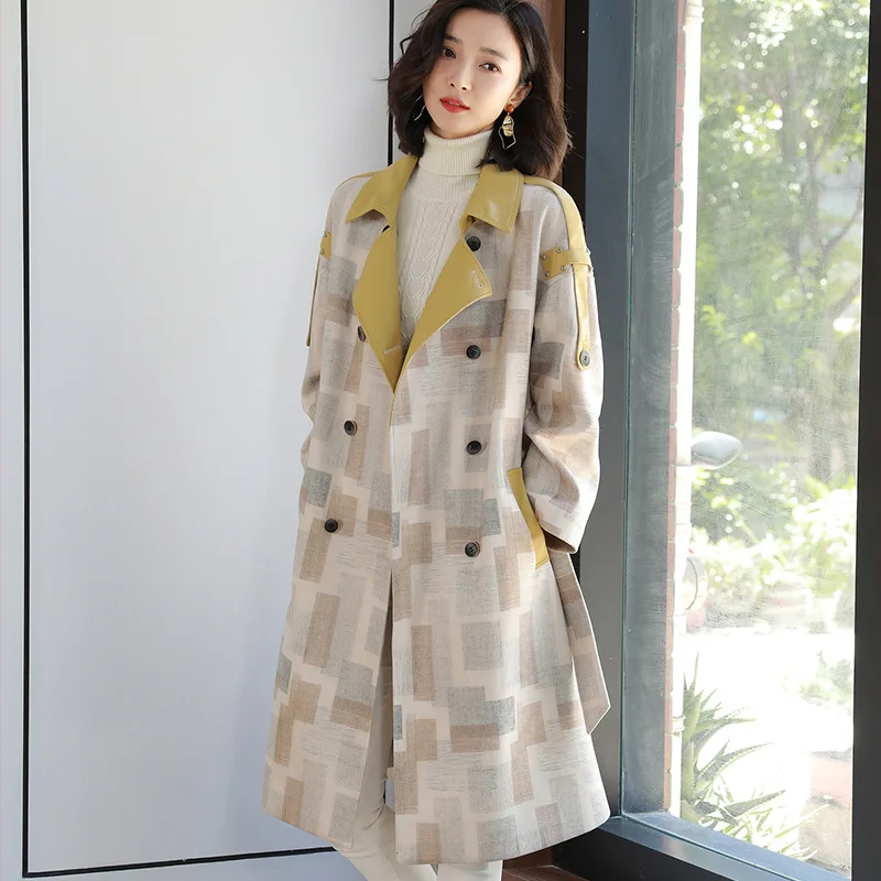 2023 autumn and winter new double-breasted leather plaid fashion trend suit collar coat women's mid-length over-the-knee coat