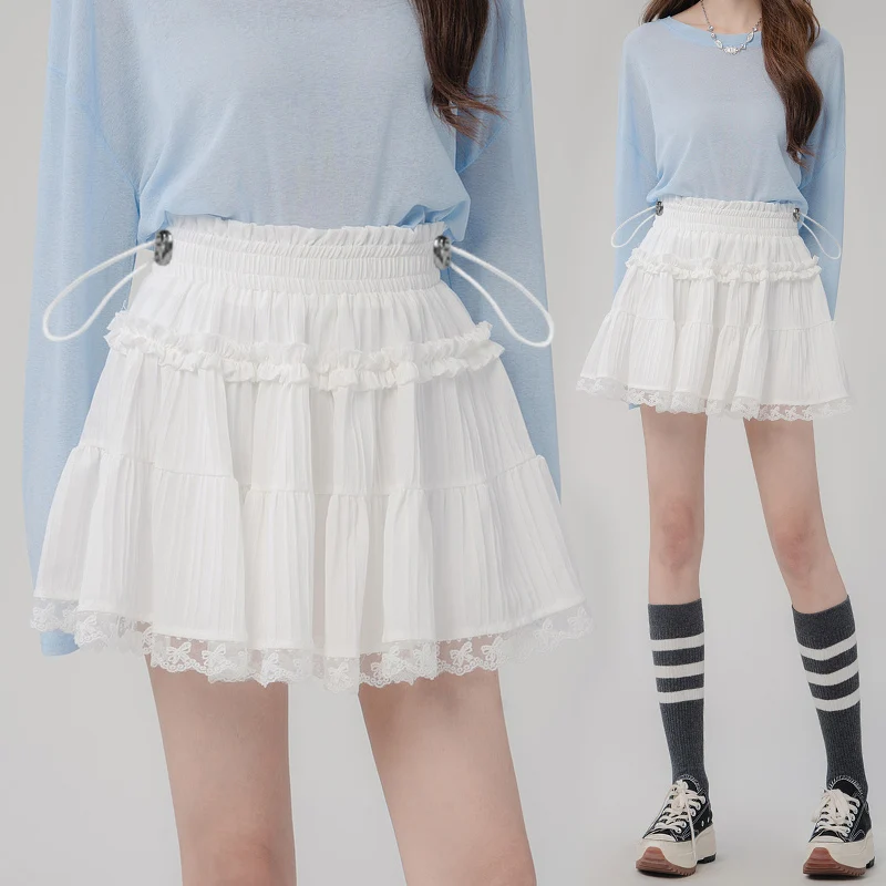 French Style Sweet Pregnant Woman White Cake Skirts High-Waisted Slimming A-Line Maternity Tiered Skirt for Spring and Summer