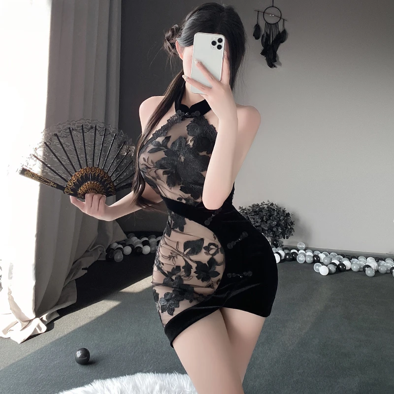 

Chinese Dress Cheongsam Uniform Sheer Lace Underwear Party Cosplay Anime Event Sexy Costume Adult Lady Desire Hot Girl Outfit