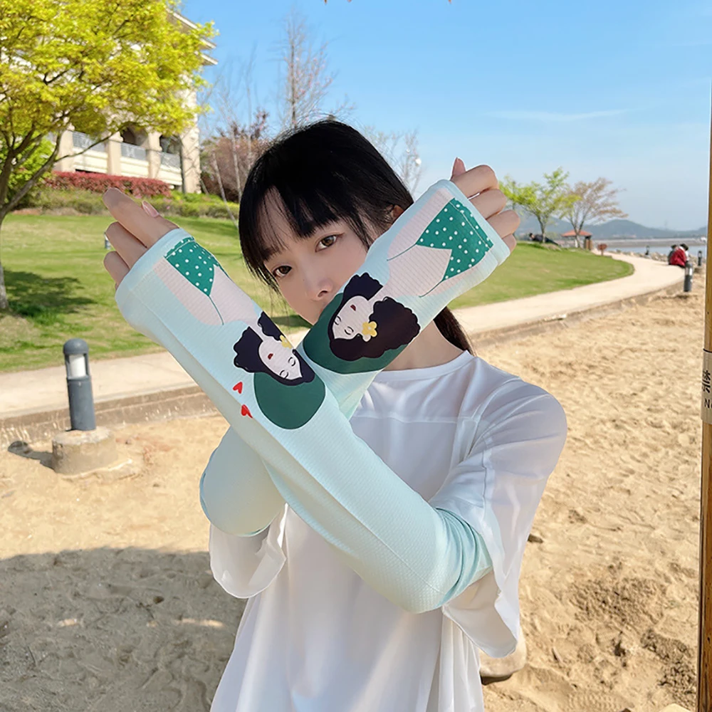 귀여운 예술적 사이클링 여성 운전 냉각 슬리브, 태양 UV 차단, 아이스 실크 슬리브, 팔 슬리브