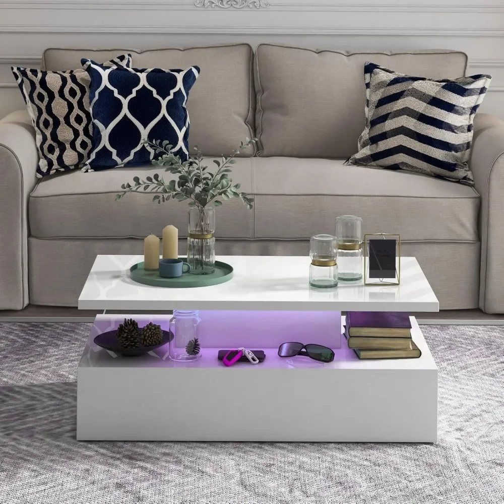 LED Coffee Table, Modern High Gloss Coffee Table w/ 20-Color LED Lights,2-Tier Rectangle Living Room Center Table