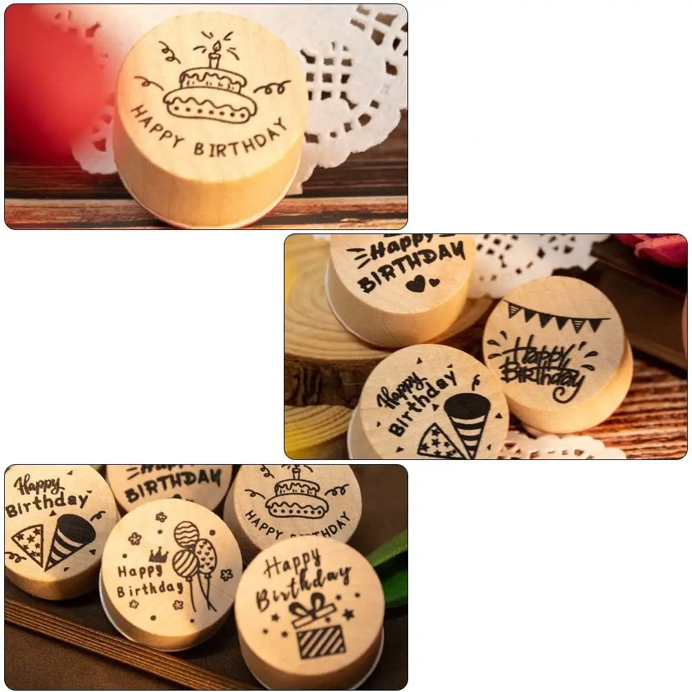 6Pcs 프리미엄 나무 원형 씰 크리 에이 티브 DIY 공예 스크랩북 저널 플래너 스탬프 세트 어린이를위한 생일 장식 빈티지