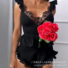 

Women Sexy Lace Suit Summer Fashion Pleated Ruffled Stitching Spaghetti Strap V-neck Lace-up Top Homewear Suits Solid Color