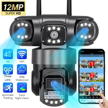 12MP Triple Lens 10X Zoom Camera 4G Sim Card 3 Screen 6K Security Outdoors Home Surveillance P2P Wireless WiFi Video Monitor 1