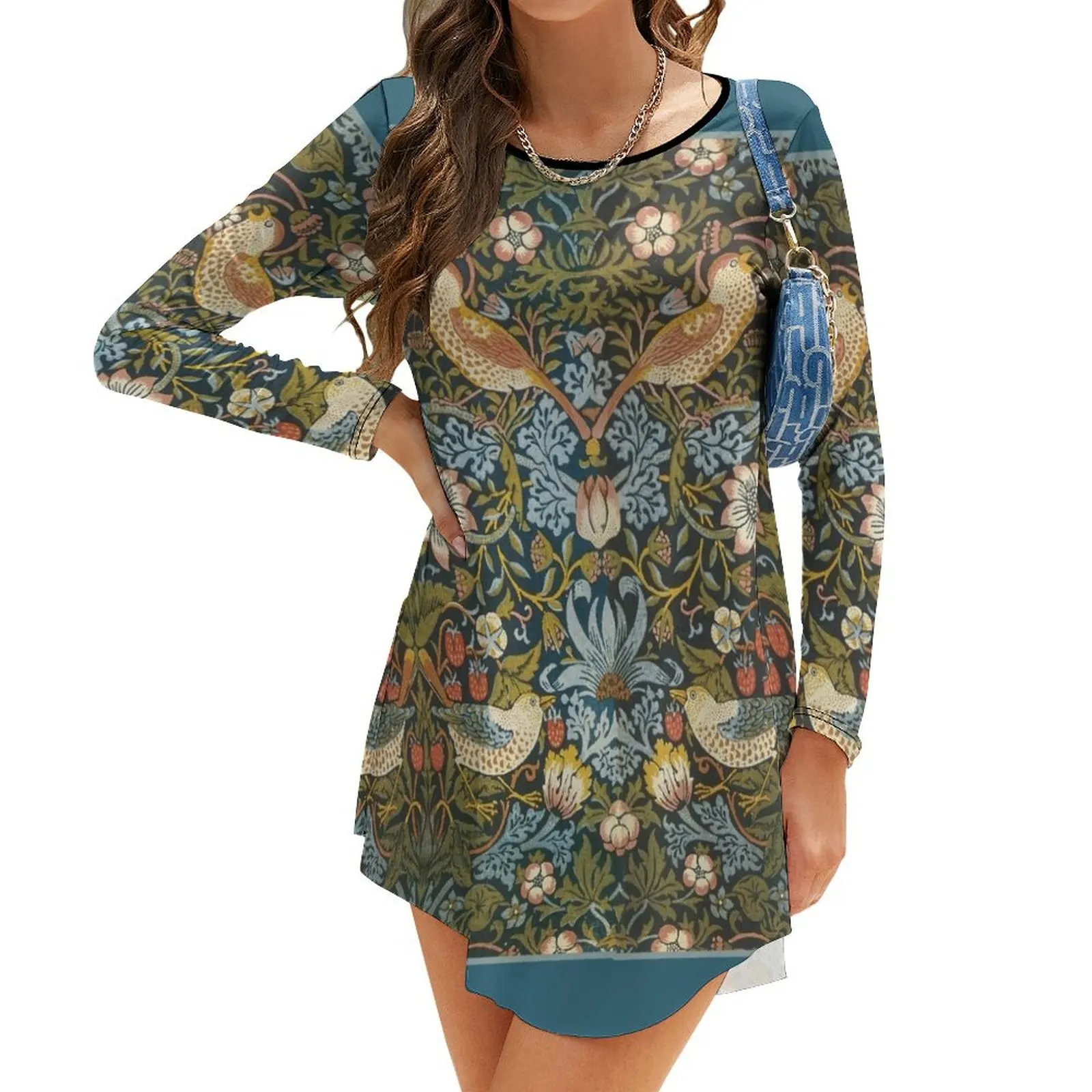 

Женское платье с длинным рукавом, с принтом птиц и цветов