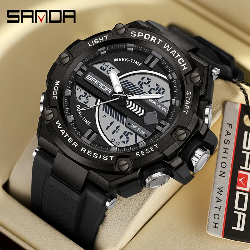 

SANDA Men Sport Watches Dual Time Electronic Wristwatch 50M Waterproof Quartz Watch LED Digital Alarm Clock Military Mens Watch