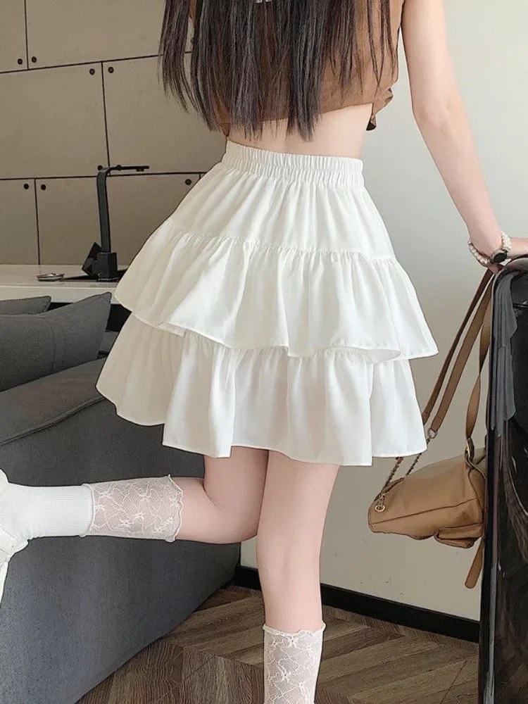 2024 New Ruffled Cake Skirts Women High Waist A-line Solid All-match Sweet Lovely Girl Korean Gentle Spring Kawaii Casual Skirts 5