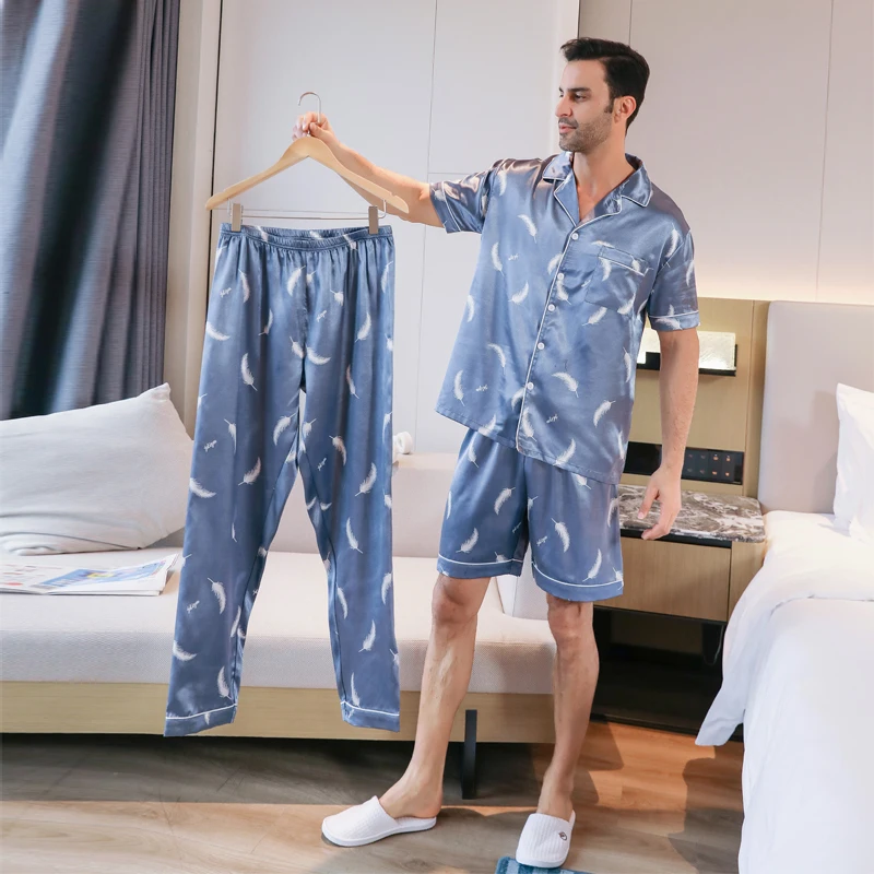 3-piece Pajamas Men's Ice Silk Thin Short Sleeved Shorts Long Pants Feather Print Summer Cardigan Sleepwear Home Clothing Set