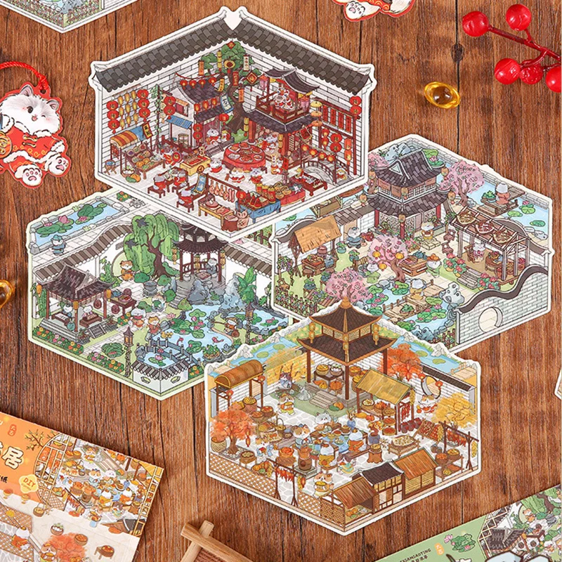 Baby Cat Management Game Retro Courtyard Landscaping Miniature Sticker Play House Toys Stickers Student Decompression DIY Paster