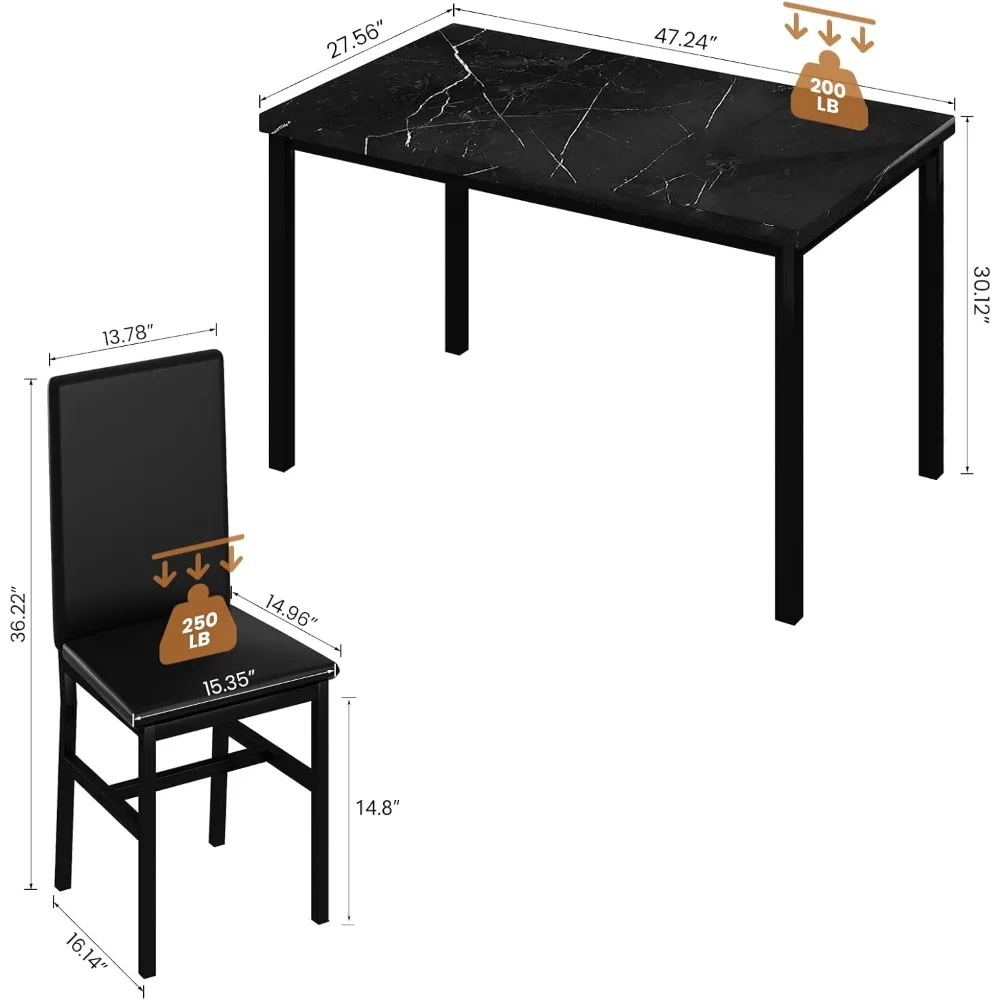 Black Kitchen Table and Chairs for 4, Compact Furniture 5-piece Dining Room Table Set Faux Marble
