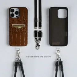 Versatile Handmade Genuine Leather Phone Case with Lanyard and USB Charging Cable - iPhone 12 Pro (Brown 3604)