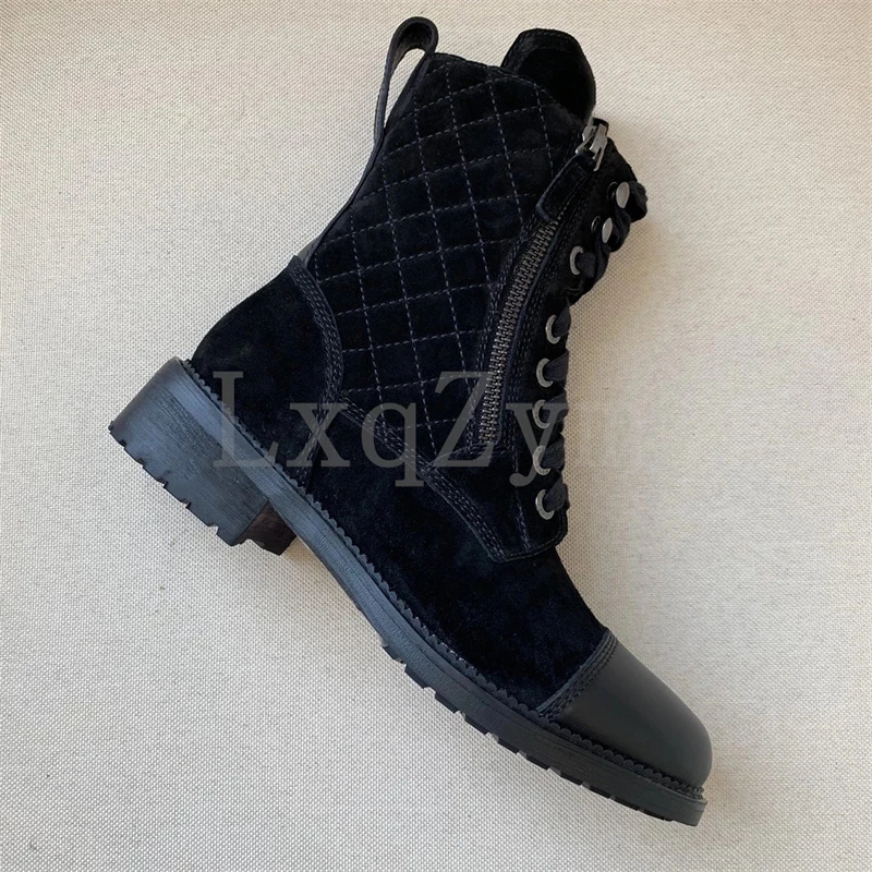 New Women Shoes Genuine Leather Lace Up Short Boots Med Heels Double Zipper Ankle Boots Flat