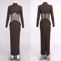 Luxury Sheer Corset Brown Long Dresses for Women – Long Sleeve High Neck See Through Bodycon Maxi Dress with Mesh Waist Detail - Image 5